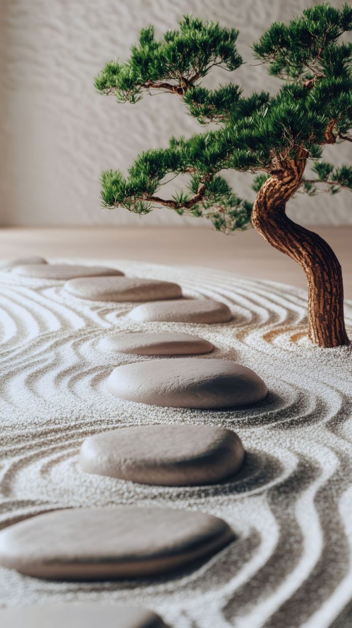 A bonsai tree and stones in a zen garden with sand patterns