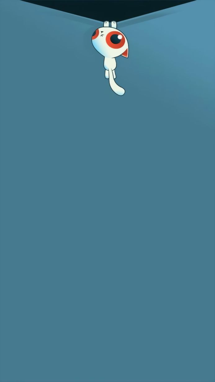 Cartoon image of a white cat hanging from above on a blue background