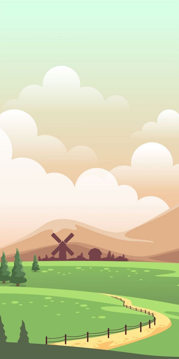 Cartoon landscape illustration with a windmill, mountains, and a winding path