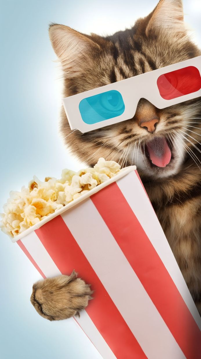 Cat with 3D glasses holding a bucket of popcorn