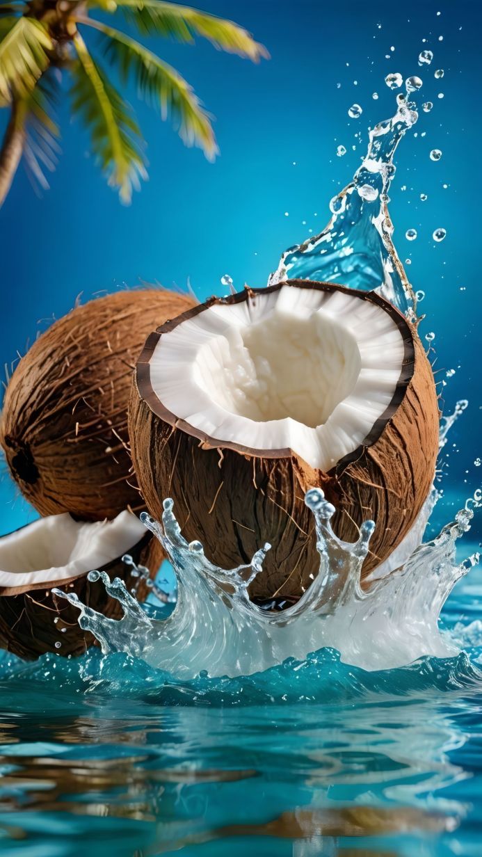 A halved coconut and a whole coconut with water splash on the turquoise background