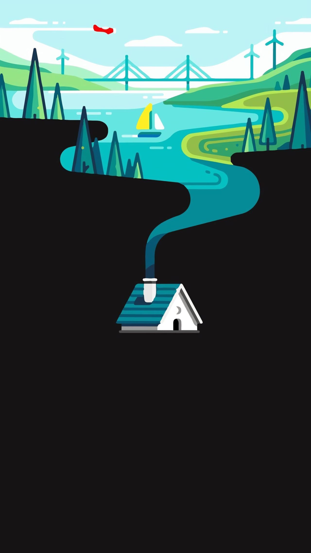 Minimalist landscape illustration house river trees boat