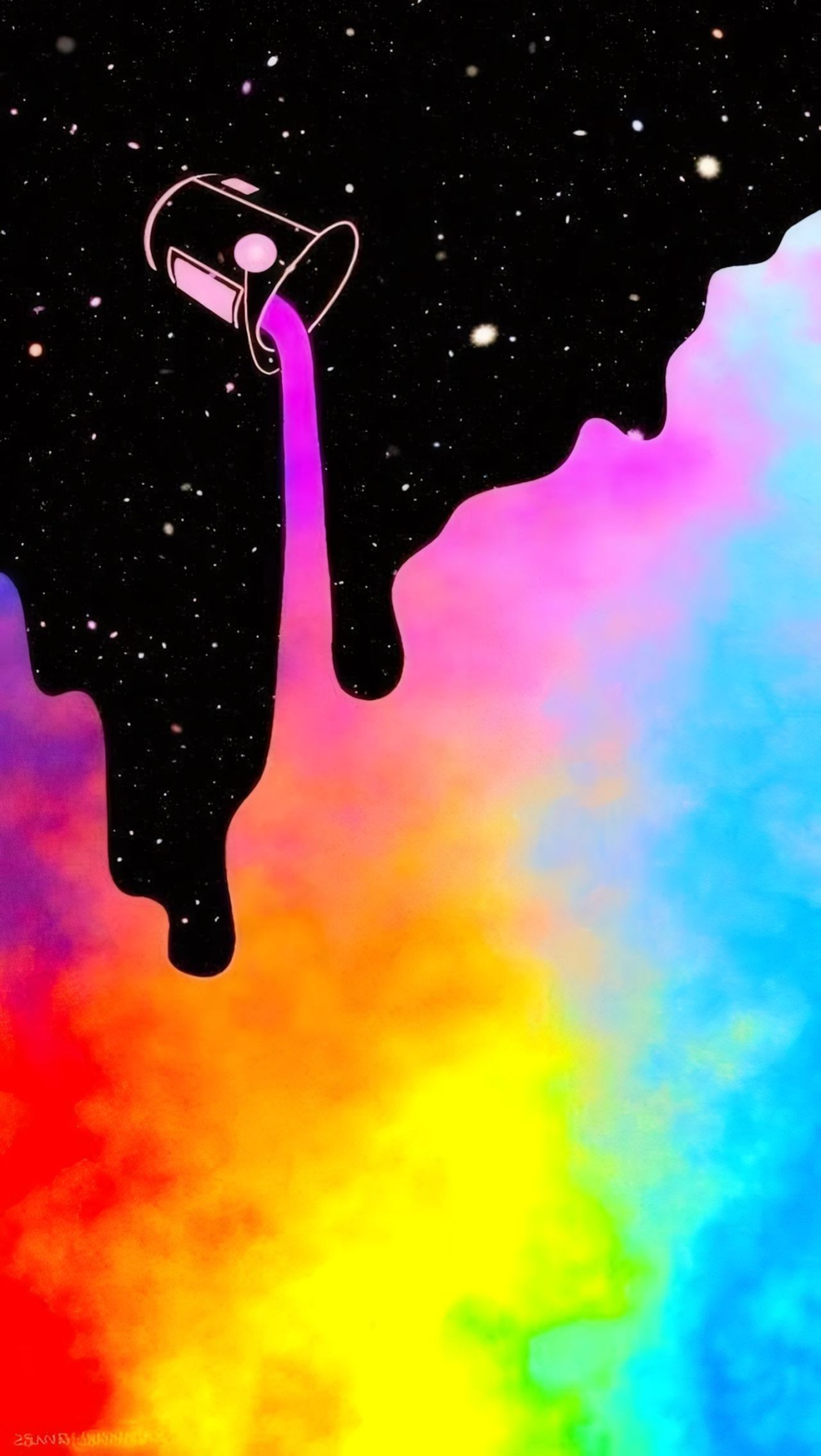 Bucket pouring paint into colorful space
