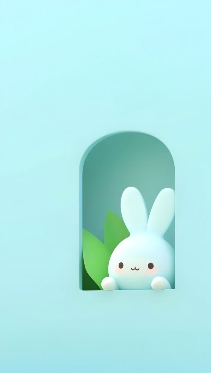 Cute cartoon rabbit in a blue arched window with green leaves