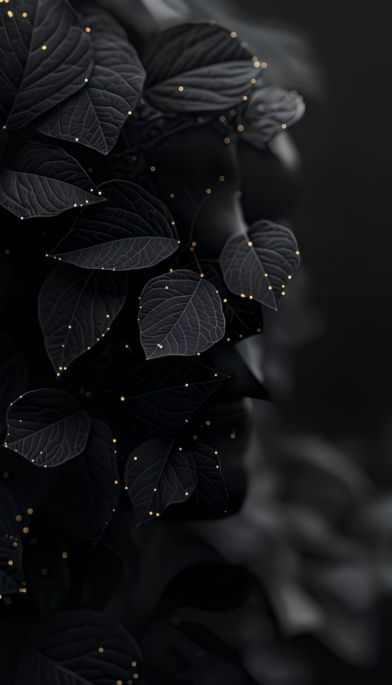Dark leaves with glowing golden dots