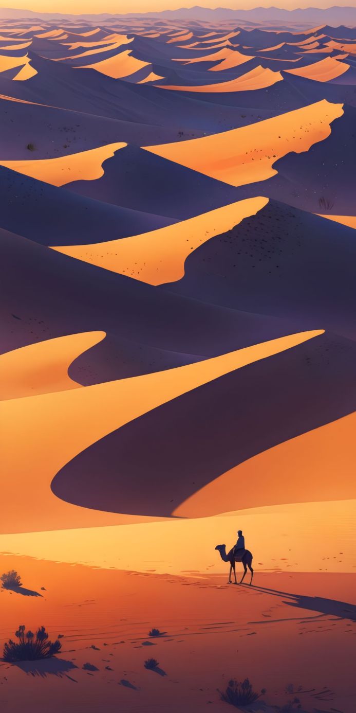 A person riding a camel through a vast desert landscape at sunset