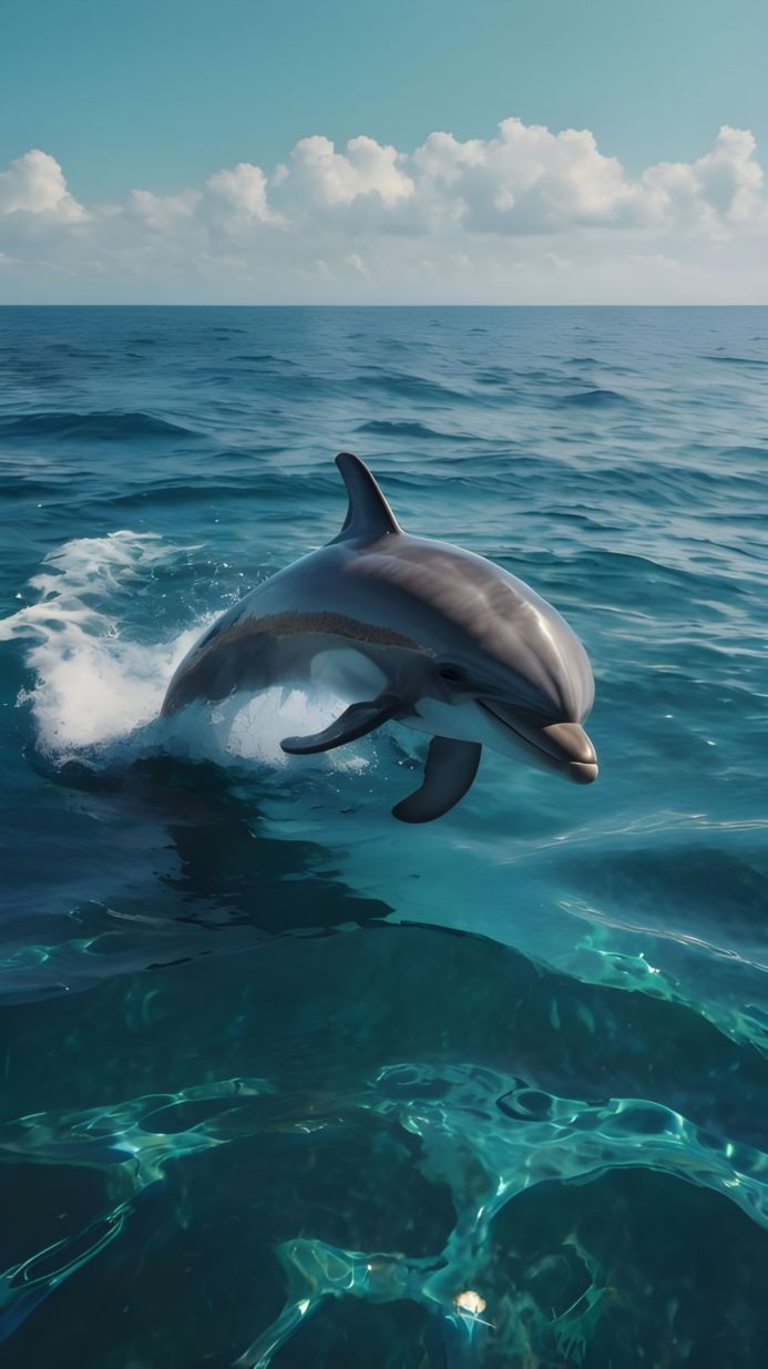 A dolphin leaping out of the blue water with a clear sky and fluffy clouds in the background