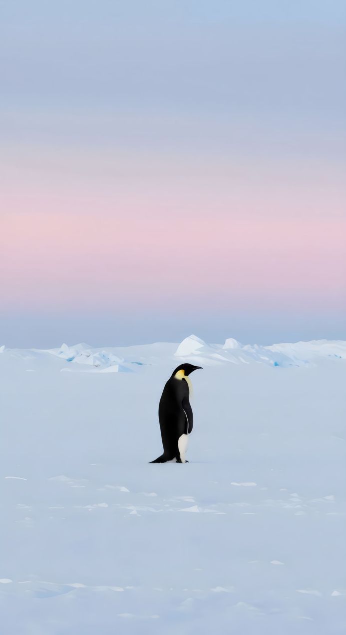 Emperor penguin standing on the snow in Antarctica with a pastel sky