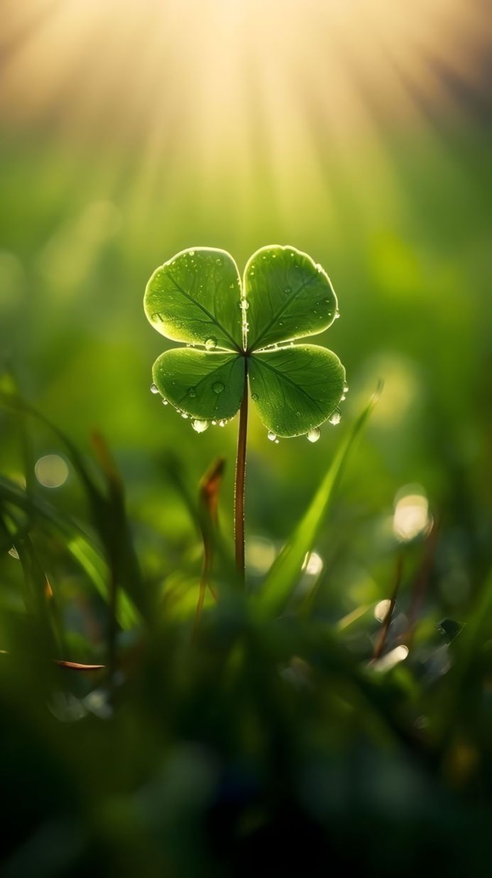 A four-leaf clover with water droplets on its leaves stands in a field of grass