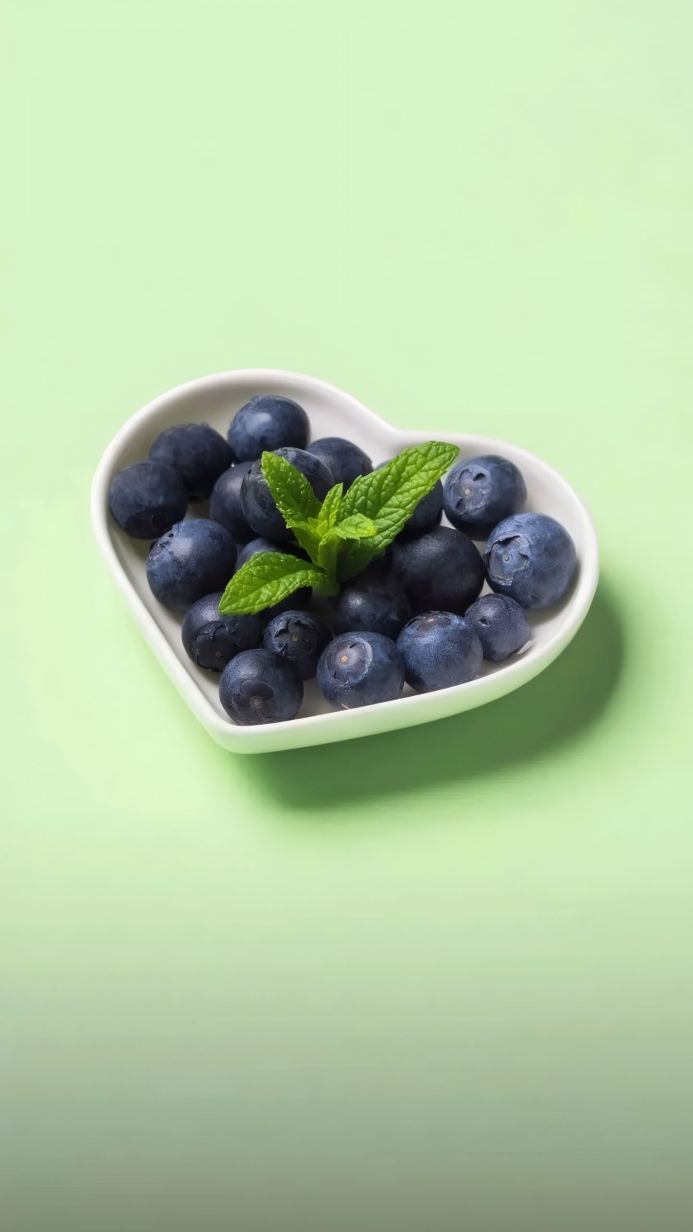 Blueberries in a heart-shaped bowl with mint leaves on a light green background