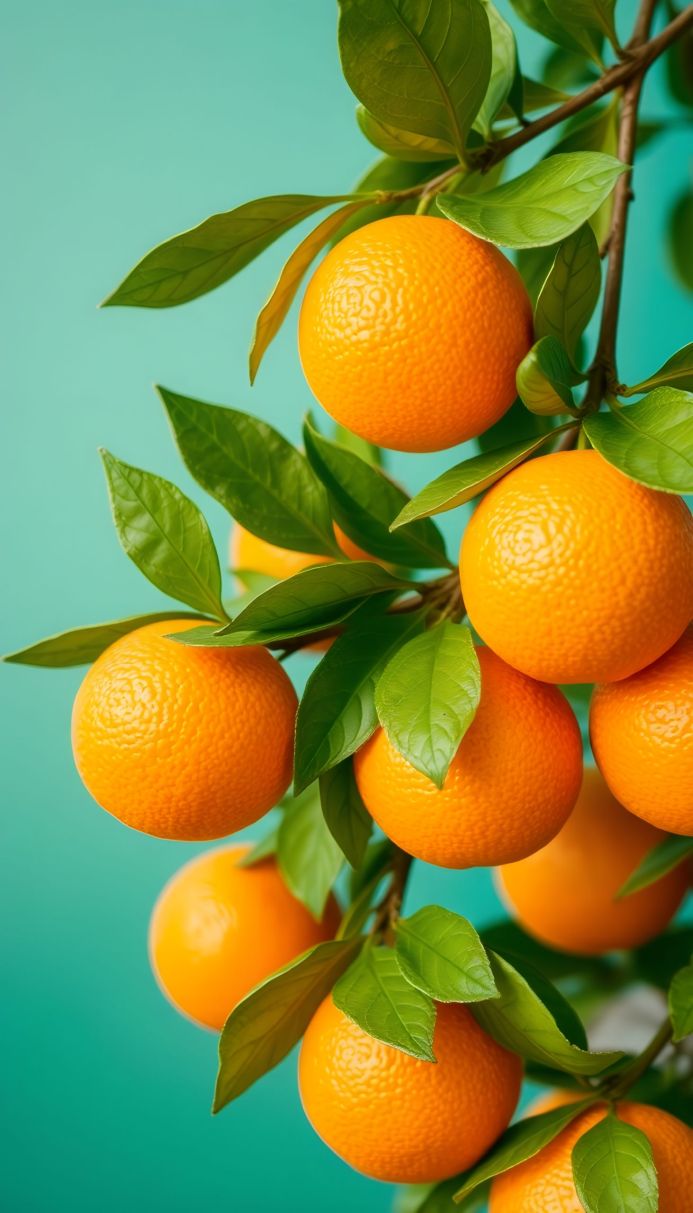 A close-up of fresh oranges hanging on a branch with green leaves against a turquoise background