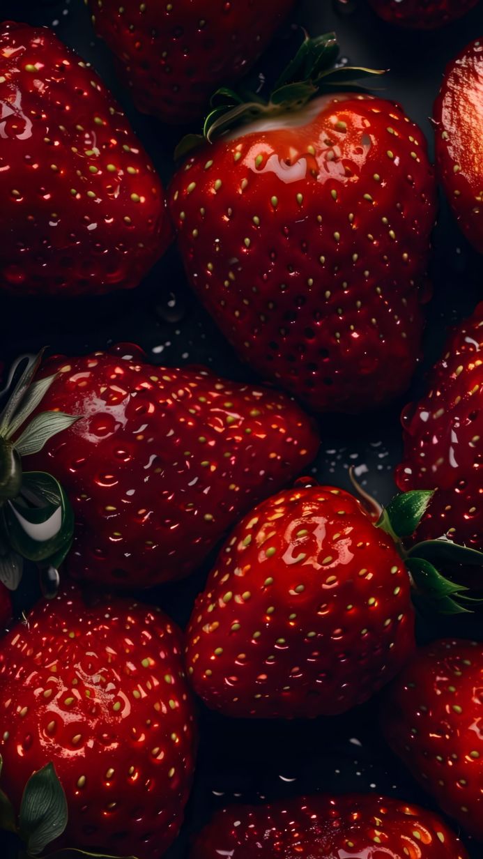 Close-up of fresh, red strawberries with water droplets on a dark background