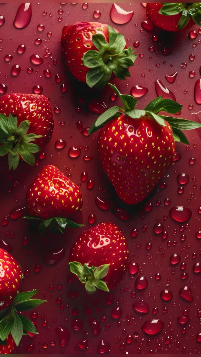 Close-up of fresh strawberries with water droplets on a red surface