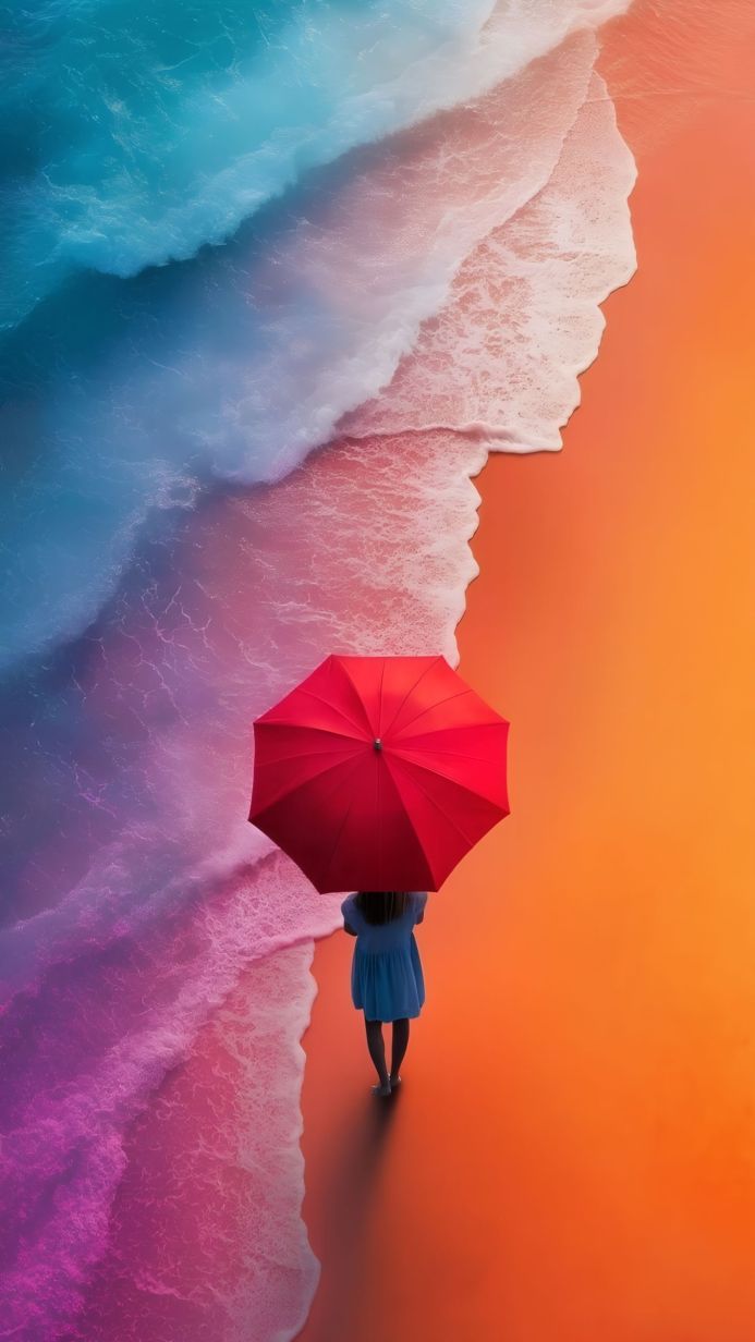 A girl with a red umbrella on a colorful beach, seen from behind