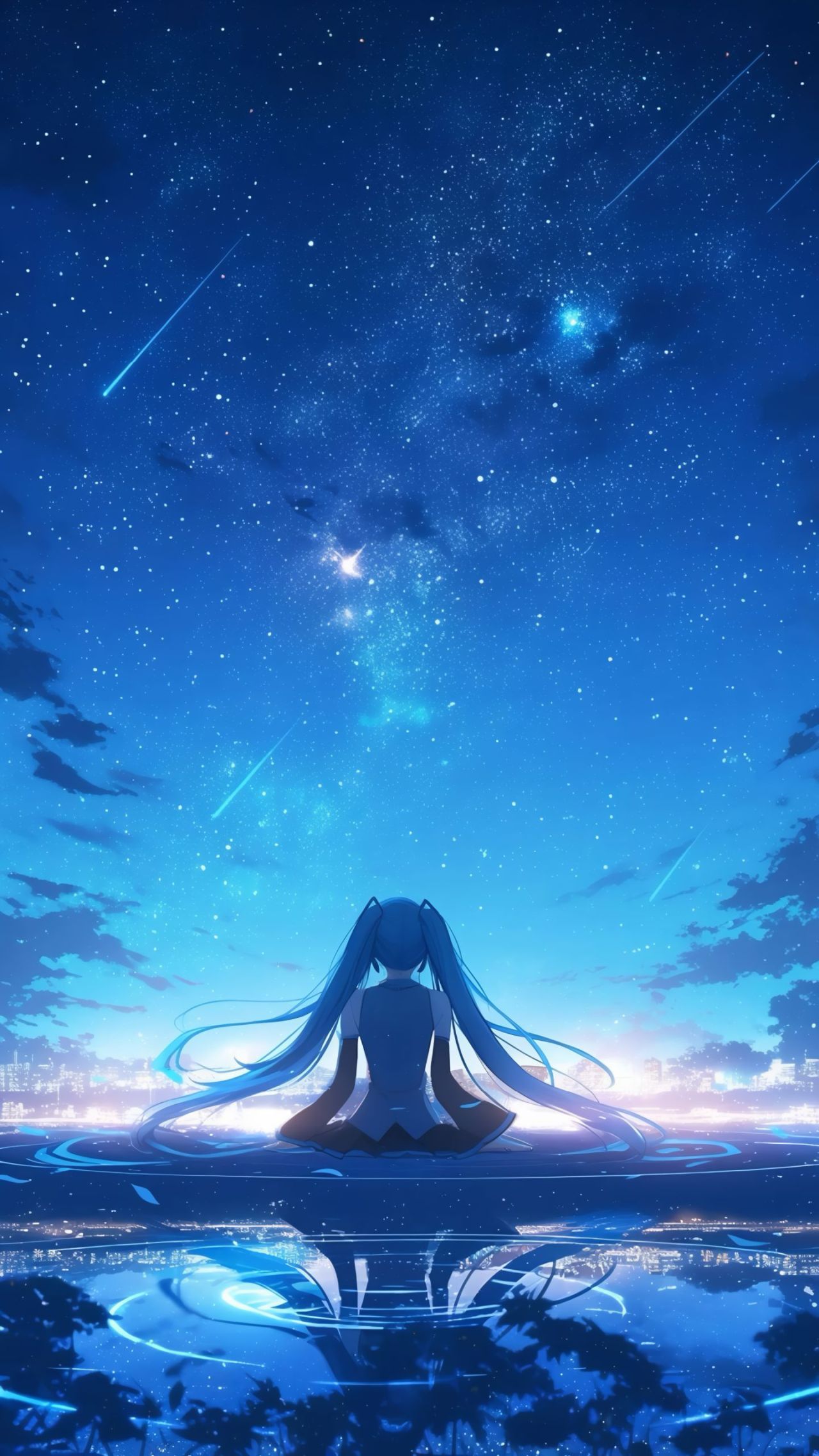 Hatsune Miku girl sitting under starry night sky