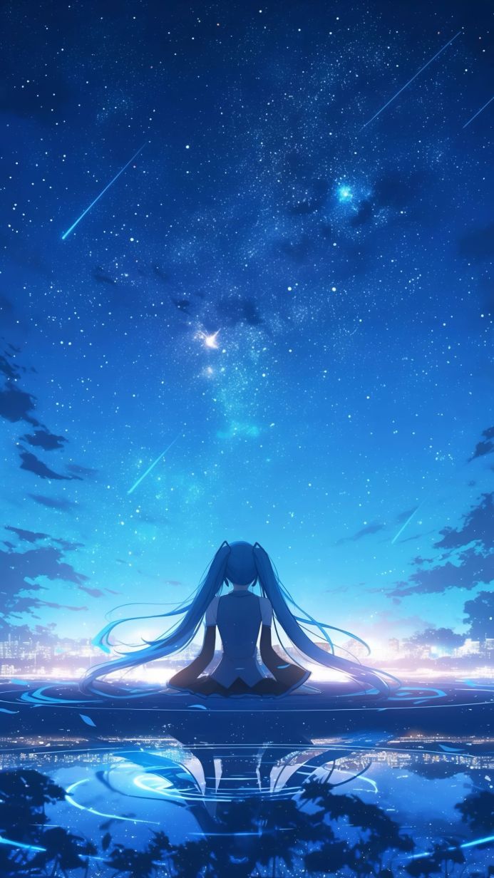 Hatsune Miku gazes at a starry night sky with city lights reflecting in the water