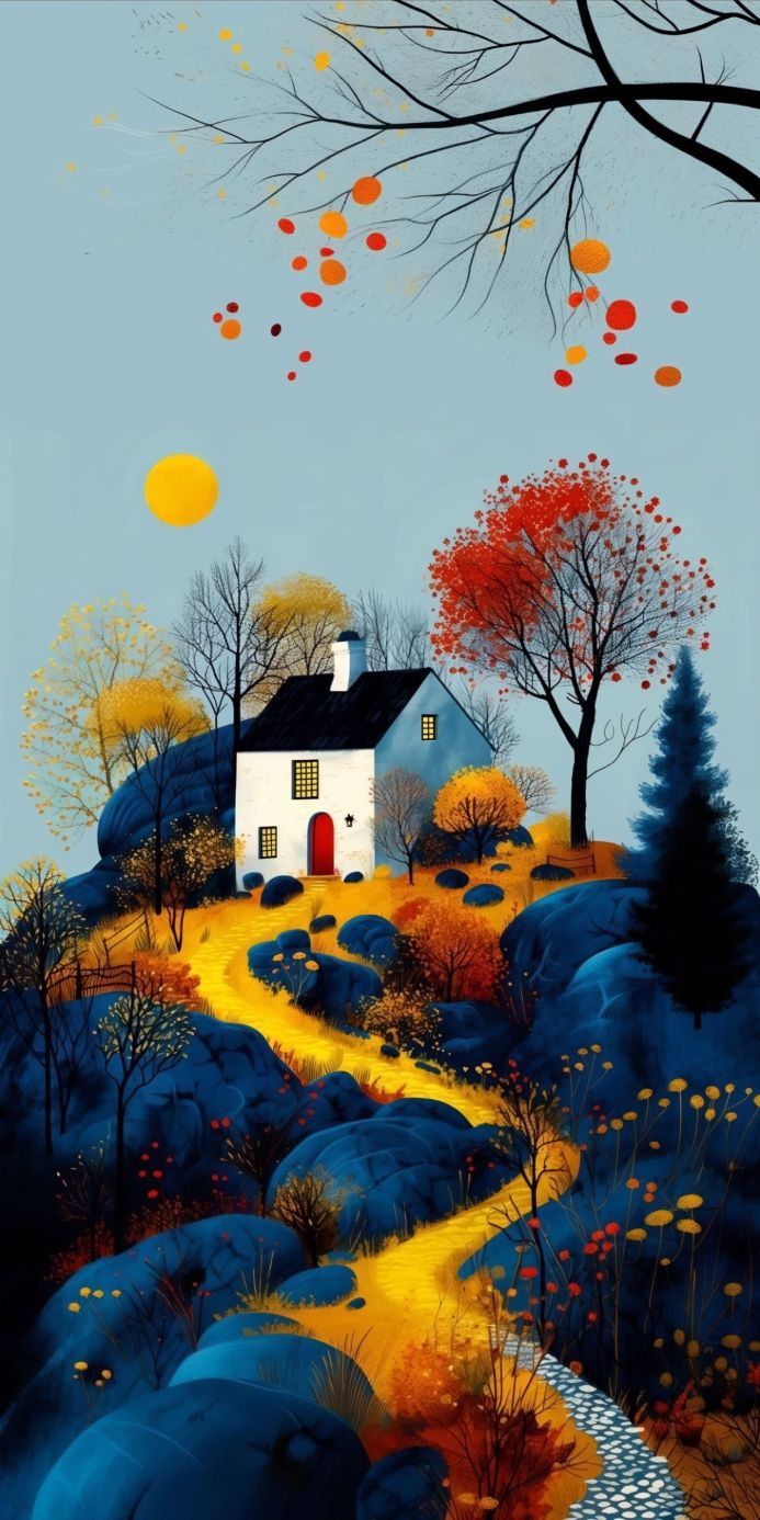A house on a hill with trees, under a yellow sun and a blue sky