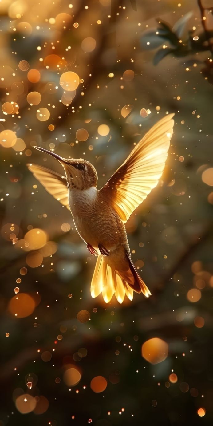 A hummingbird in flight surrounded by sparkling golden bokeh