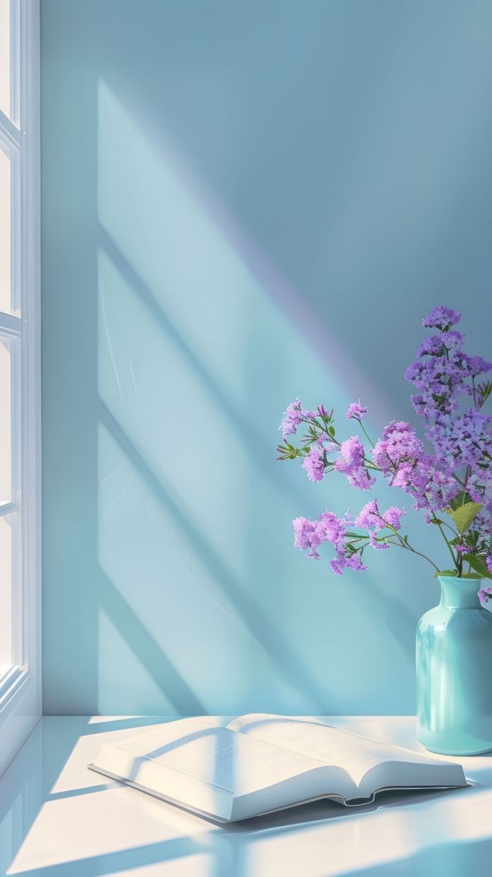 Lilac in vase, book, and window light create a serene still life