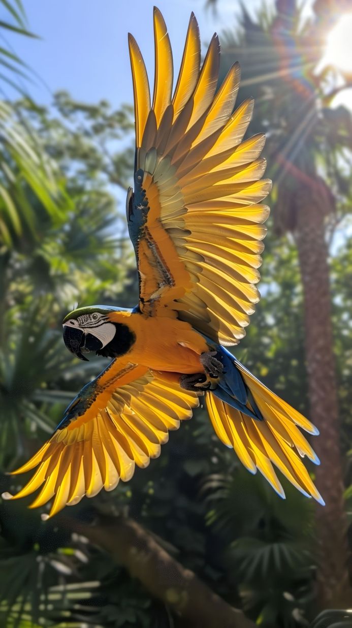 A yellow and blue macaw in flight against a background of tropical foliage and sunlight