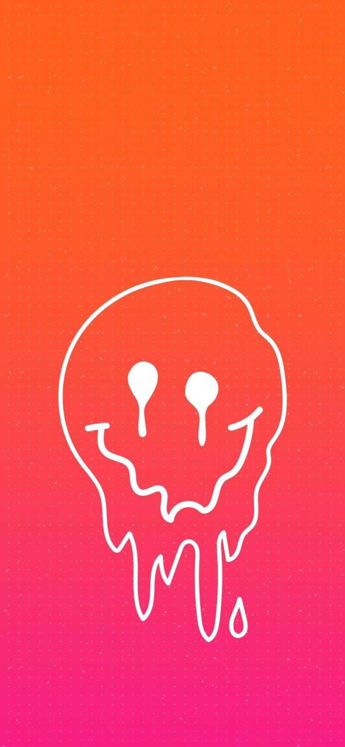 Melting smiley face on an orange and pink gradient background