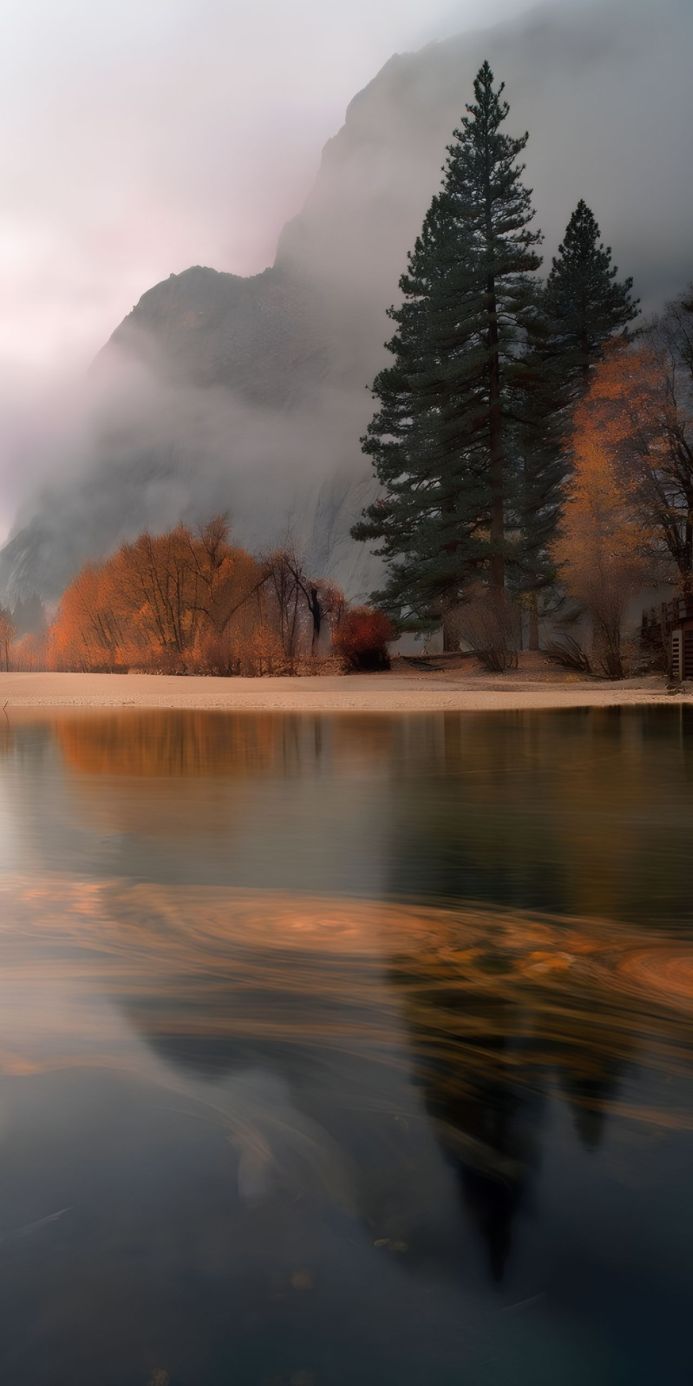Misty landscape with lake, trees, and mountain in the background