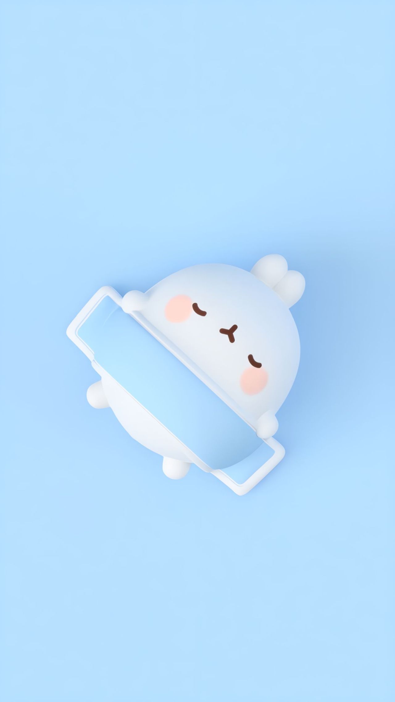 Molang holding a smartphone on a blue background