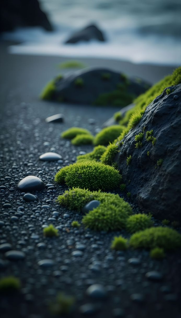 Moss covered rocks on a black pebble beach