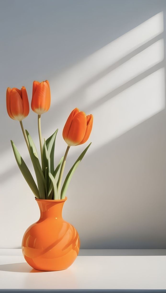 Three orange tulips in an orange vase with shadows on a white wall