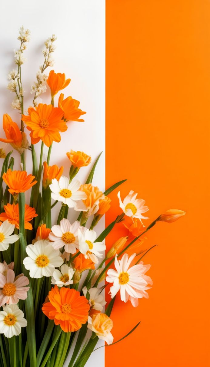 A flower arrangement with orange and white flowers against a split orange and white background
