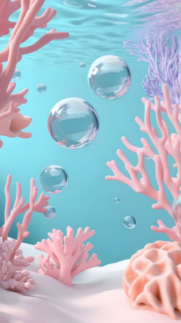 Underwater scene with pastel corals and bubbles