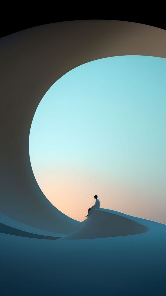 A person sits on a sand dune under a large archway, with a pastel sky and a moon in the background