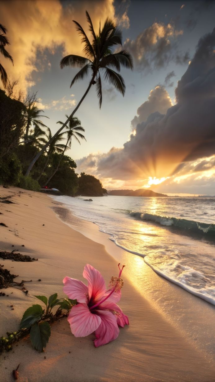 A pink hibiscus flower on a sandy beach at sunrise with palm trees and ocean waves