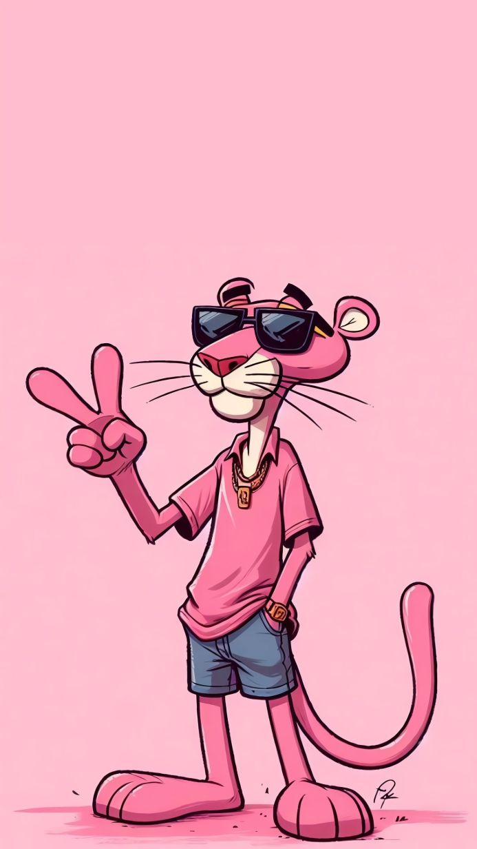 The Pink Panther cartoon character giving a peace sign in sunglasses and casual clothes