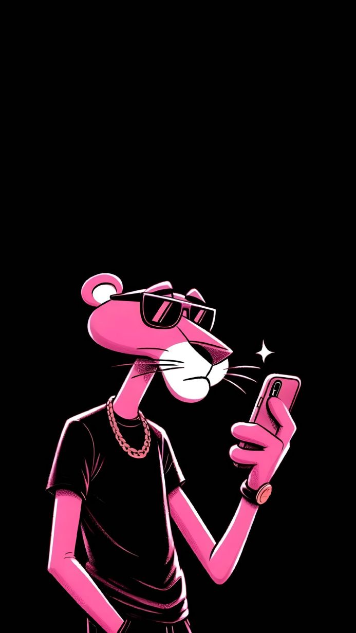 The Pink Panther with sunglasses, gold chain, watch, t-shirt, holding a phone