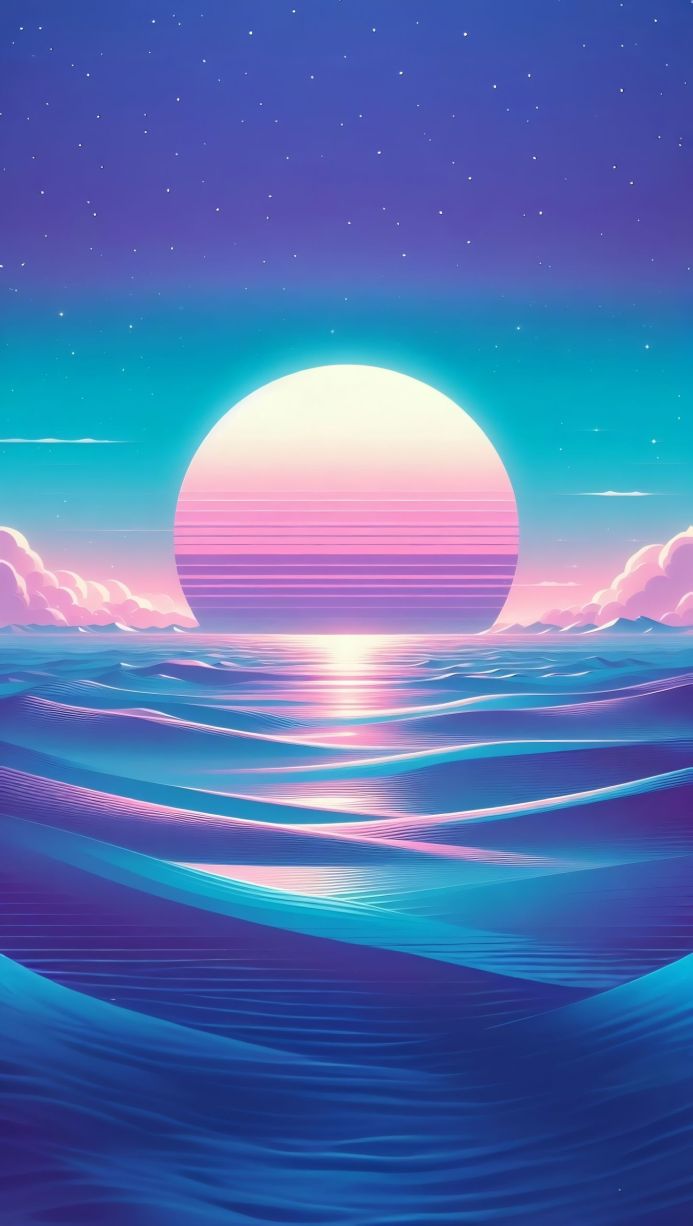 A big pink sun in the sky above blue sea waves with some clouds