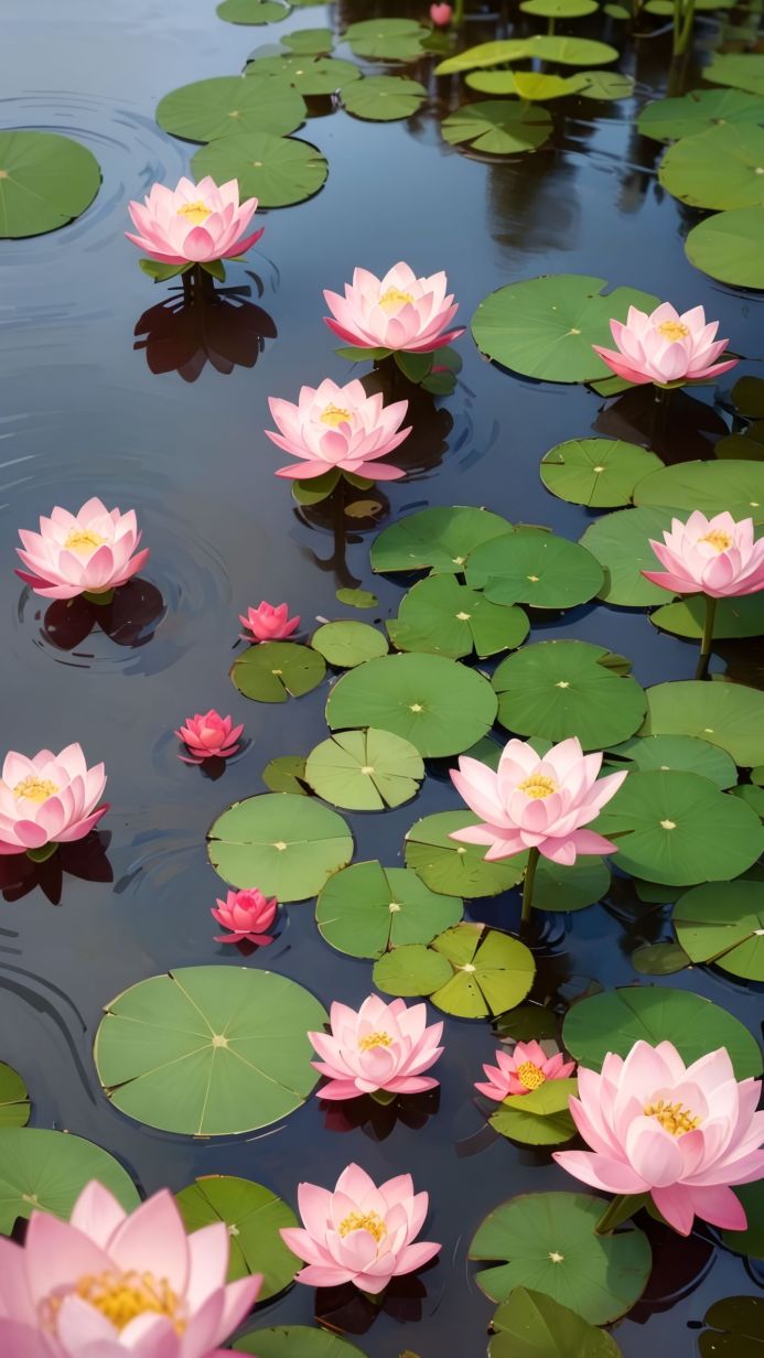 Pink water lilies floating on water with lily pads