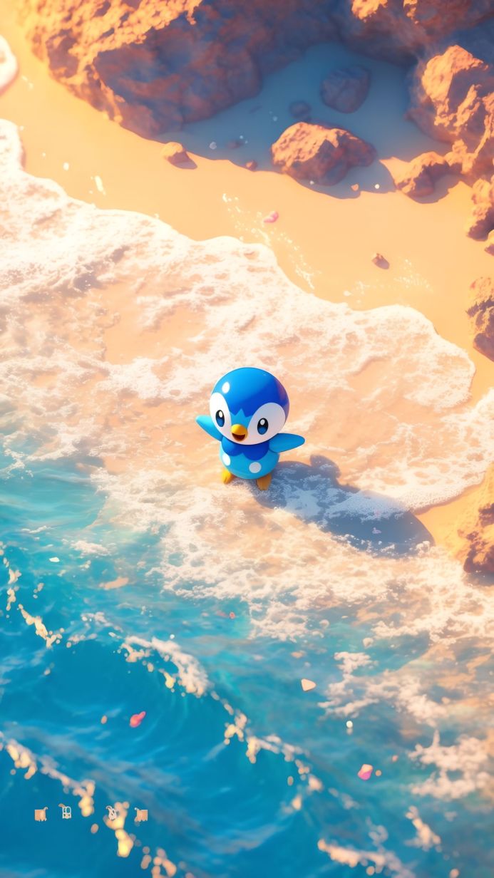 Piplup, a Pokémon, standing on a beach with water and rocks