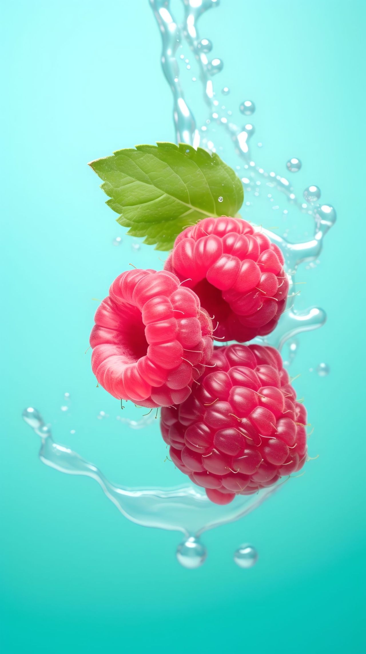 Three raspberries with water splash and leaf