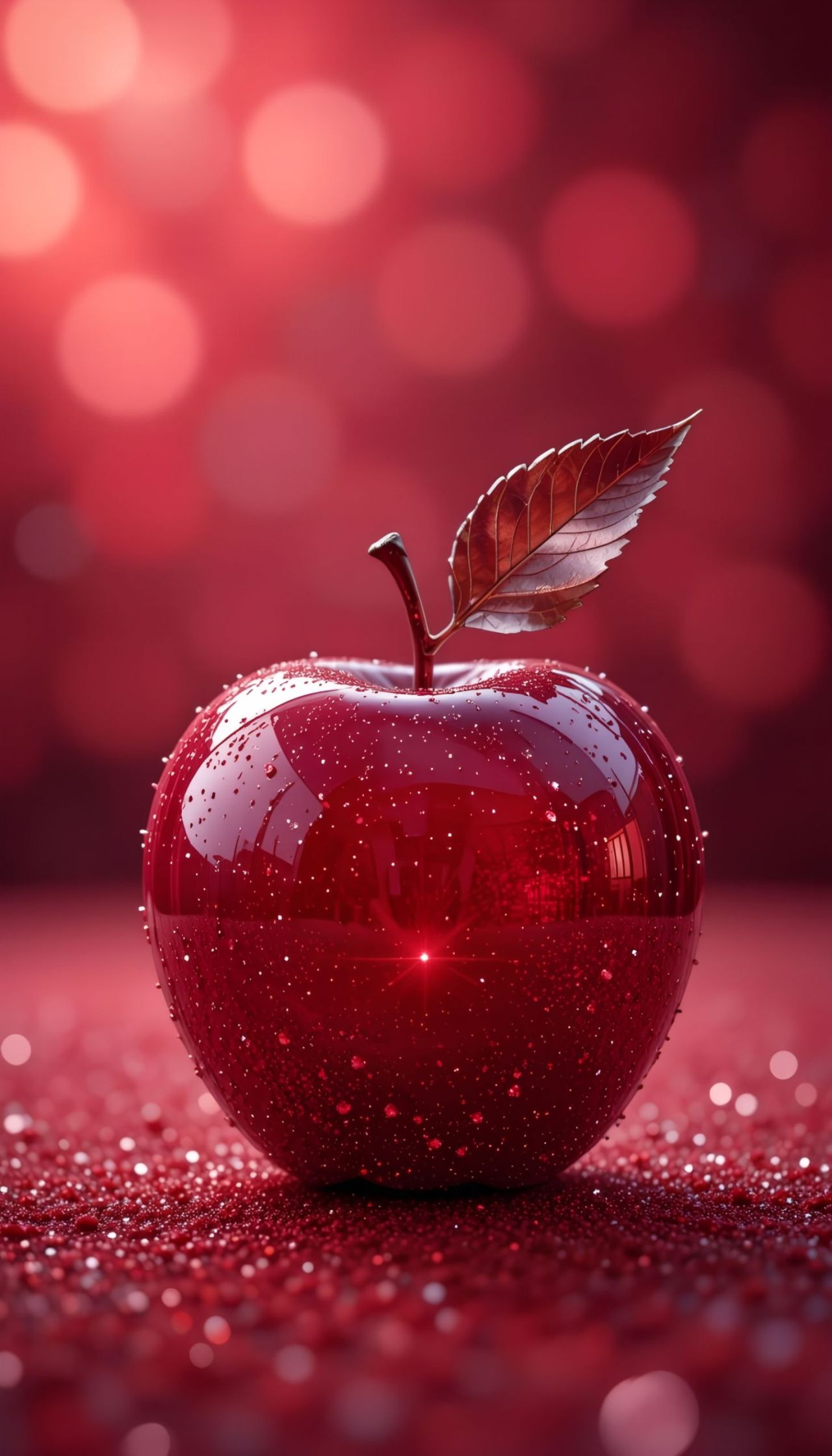 Red apple with water droplets on glitter background