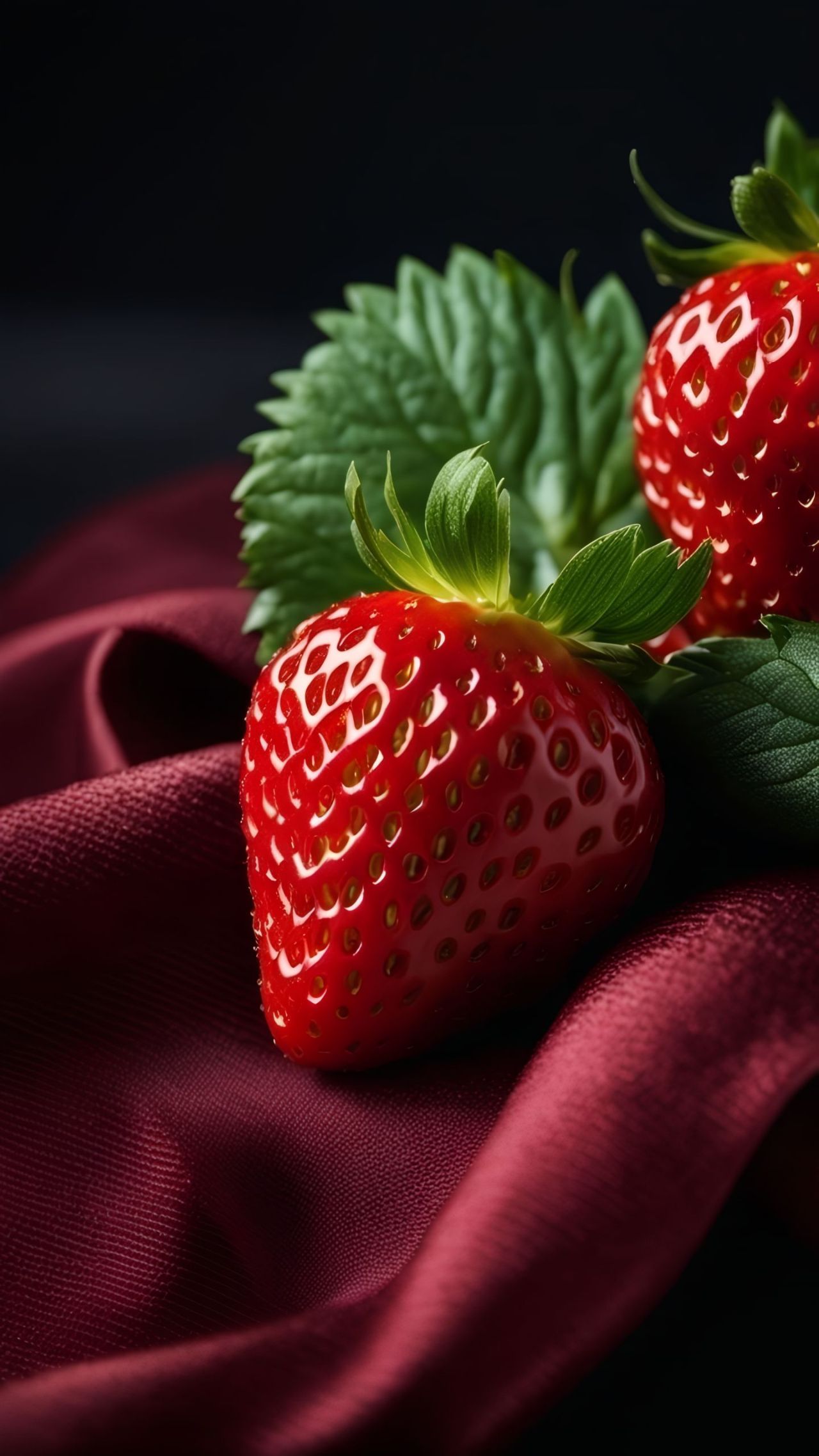Ripe strawberries on red fabric close up
