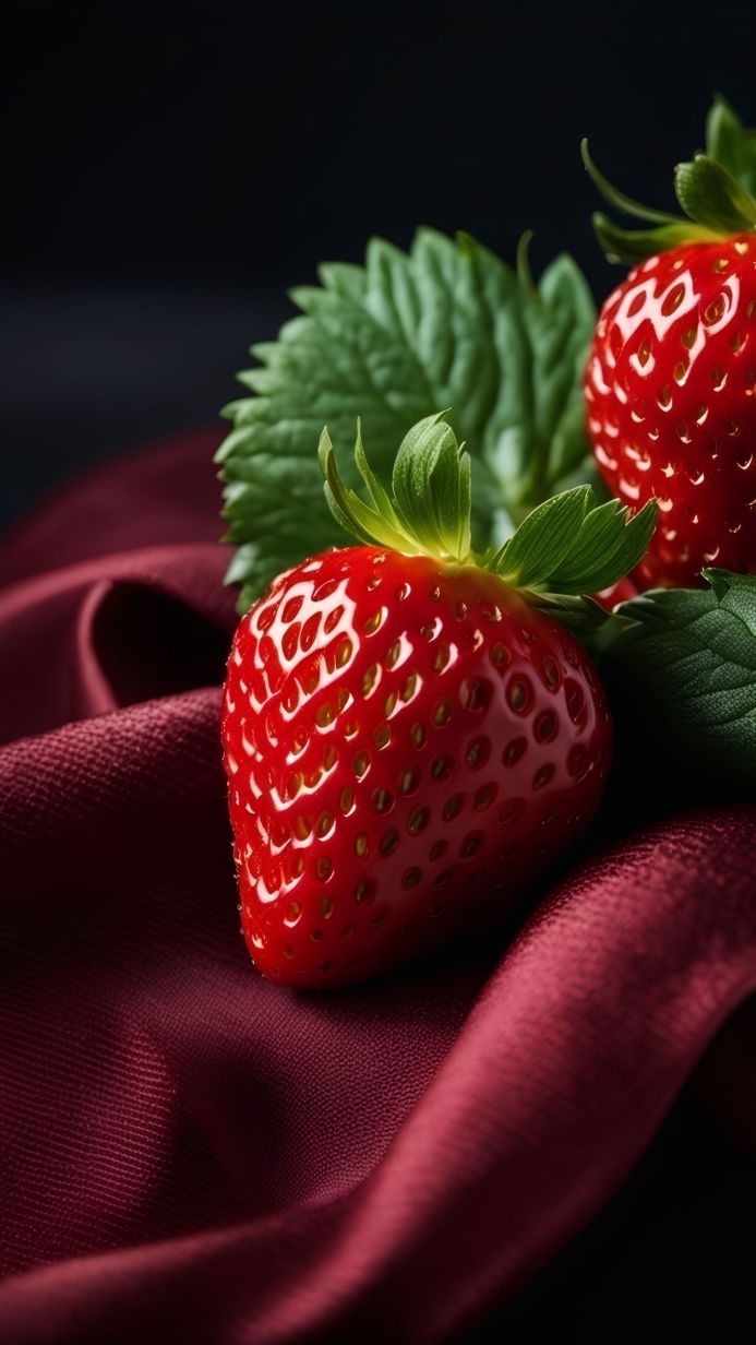 Two strawberries with leaves on a burgundy satin fabric, against a dark background