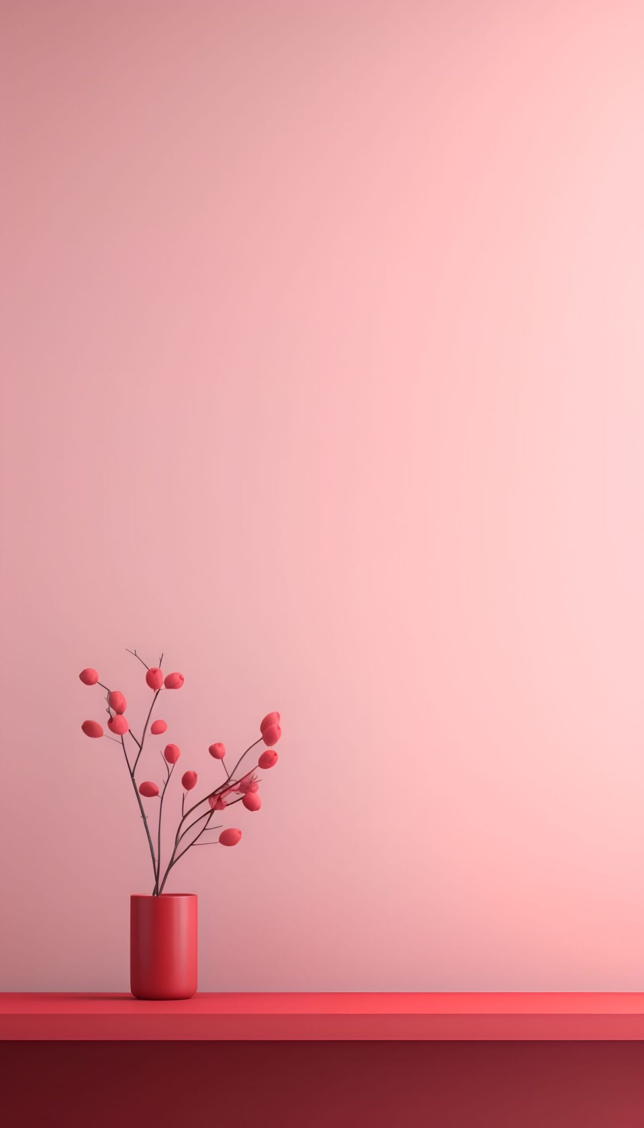 Red vase with branch of berries on red shelf pink wall