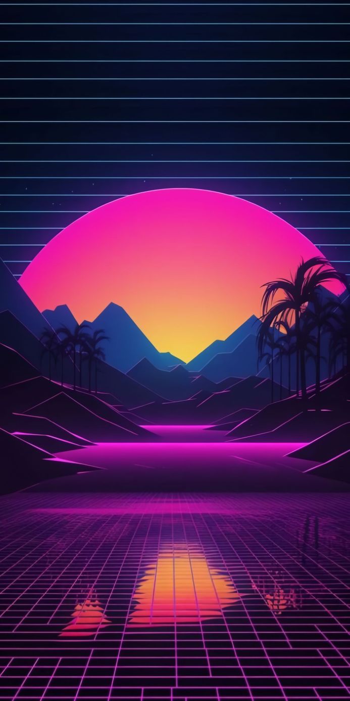 Retro futuristic landscape with sunset, mountains, and palm trees in pink, purple, and orange