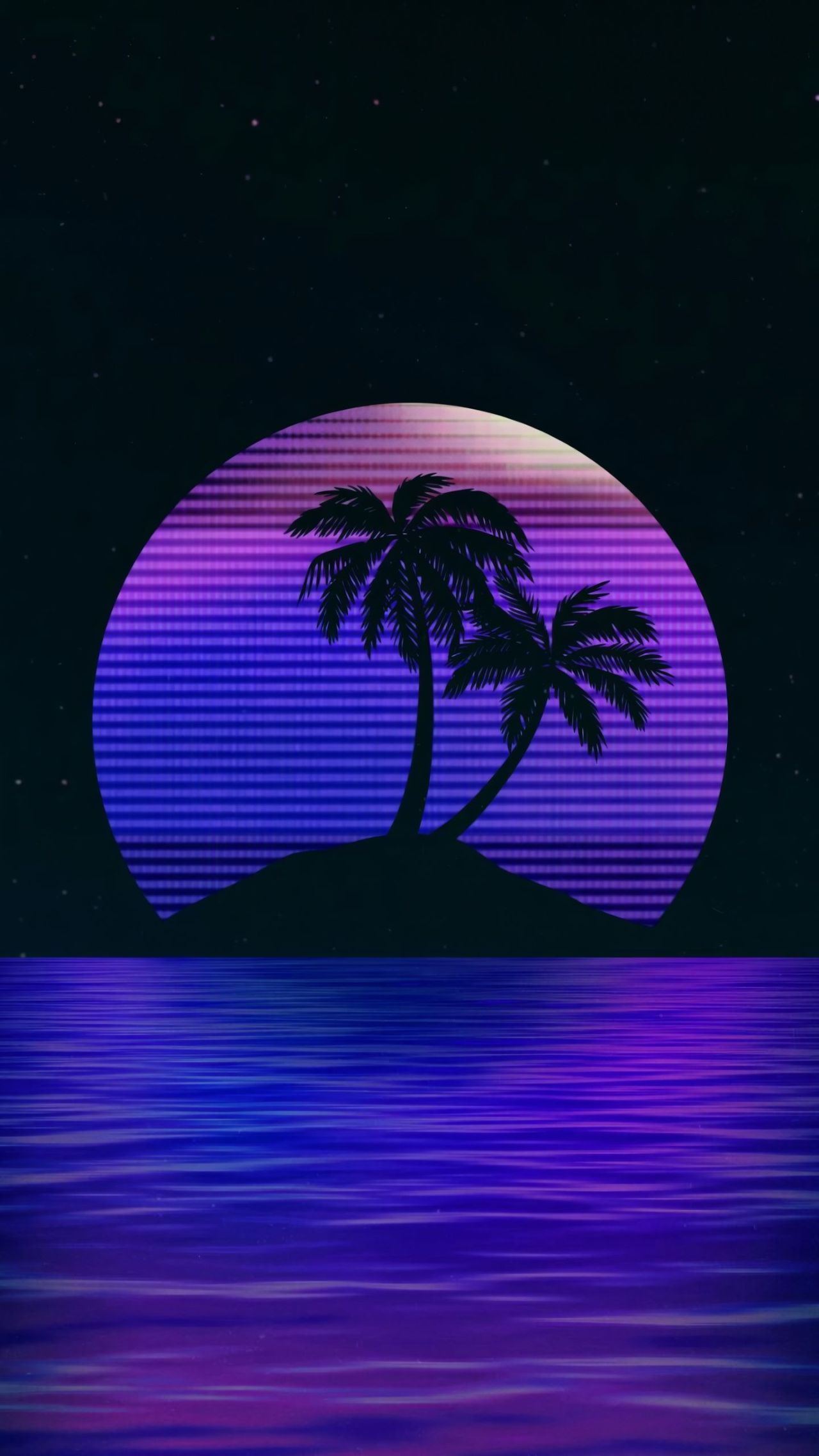 Retrowave tropical landscape with palm trees silhouette sunset
