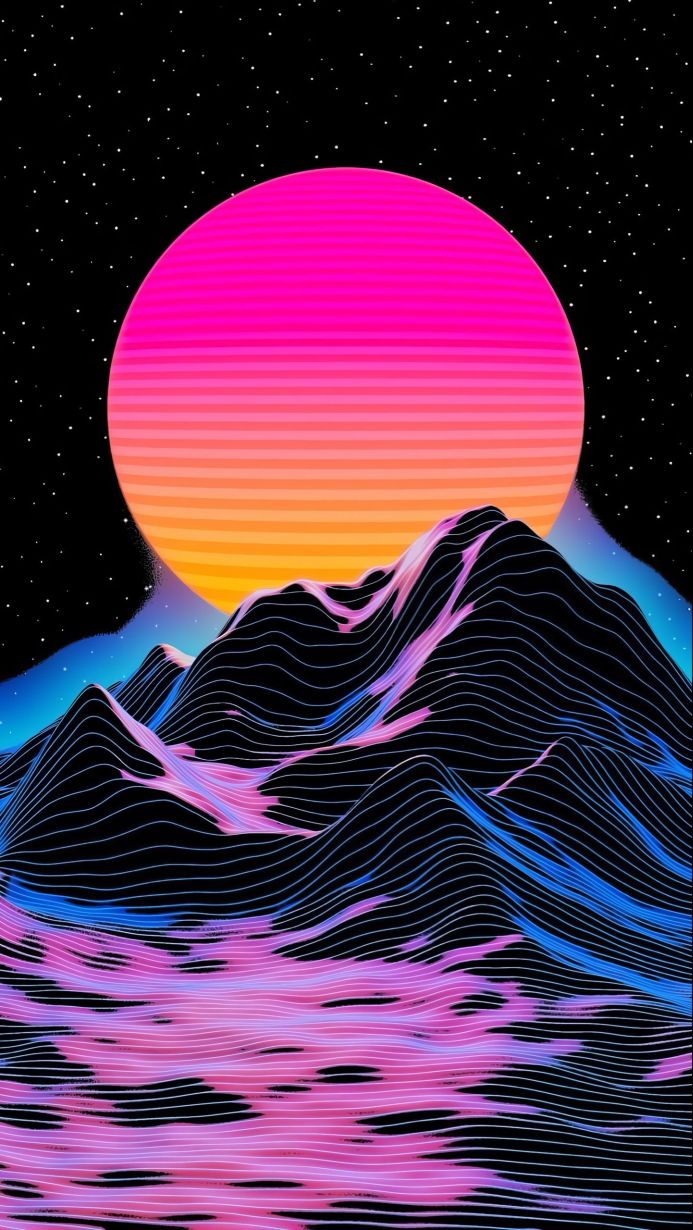 Abstract landscape with mountains, pink sun and stars in retro wave style