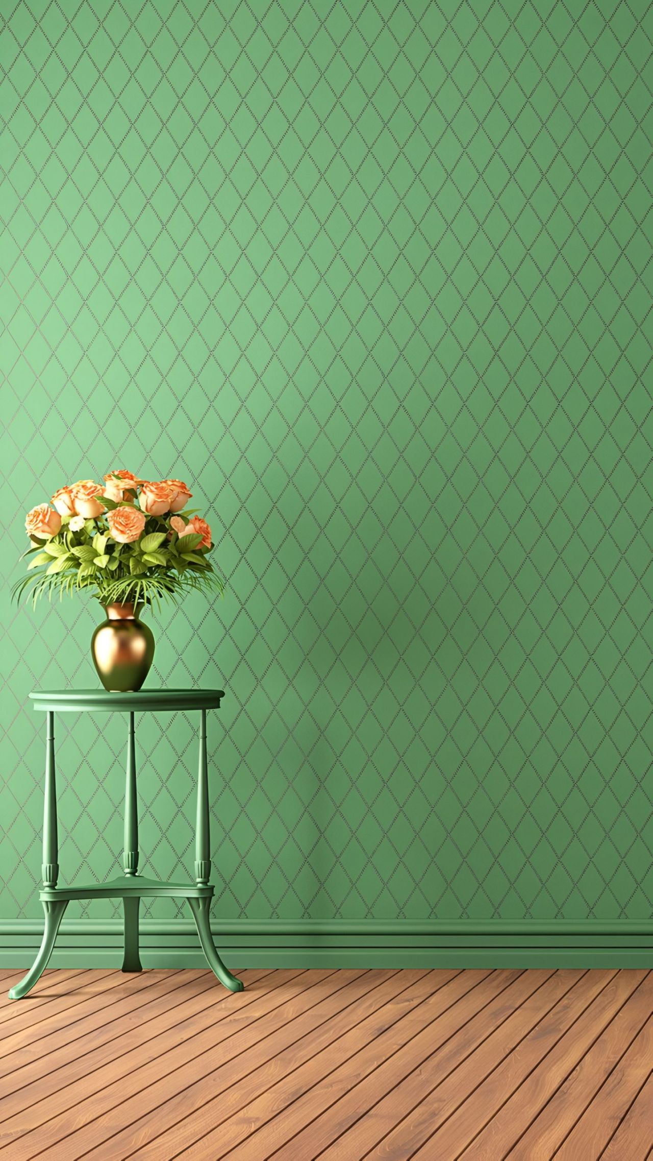 Orange roses on a table in a green room interior