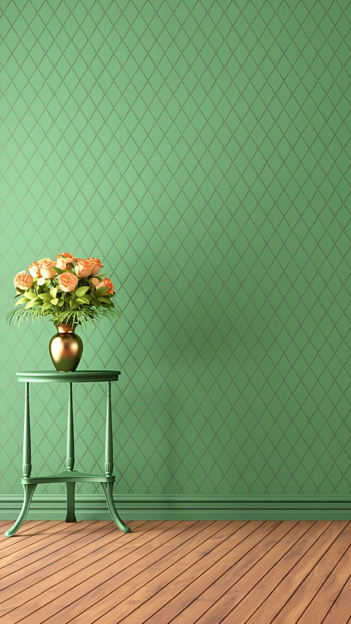 Still life of roses in a gold vase on a green table against a green patterned wall