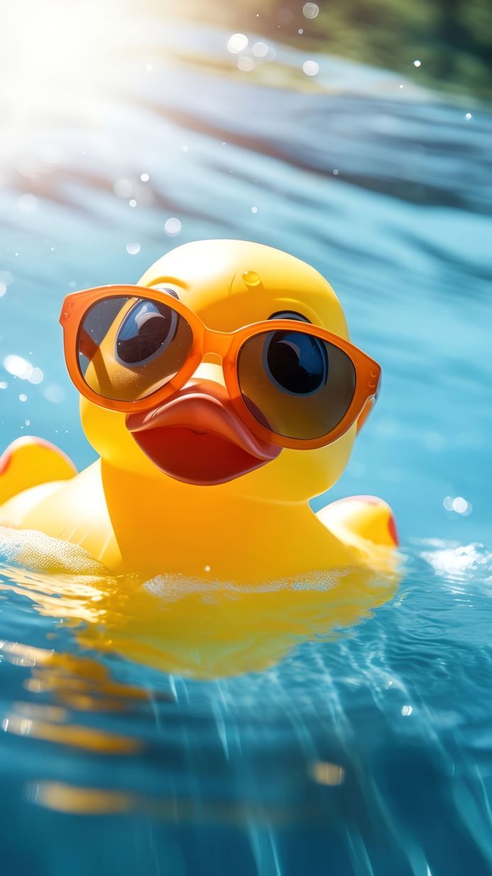A yellow rubber duck wearing orange sunglasses floats in blue water