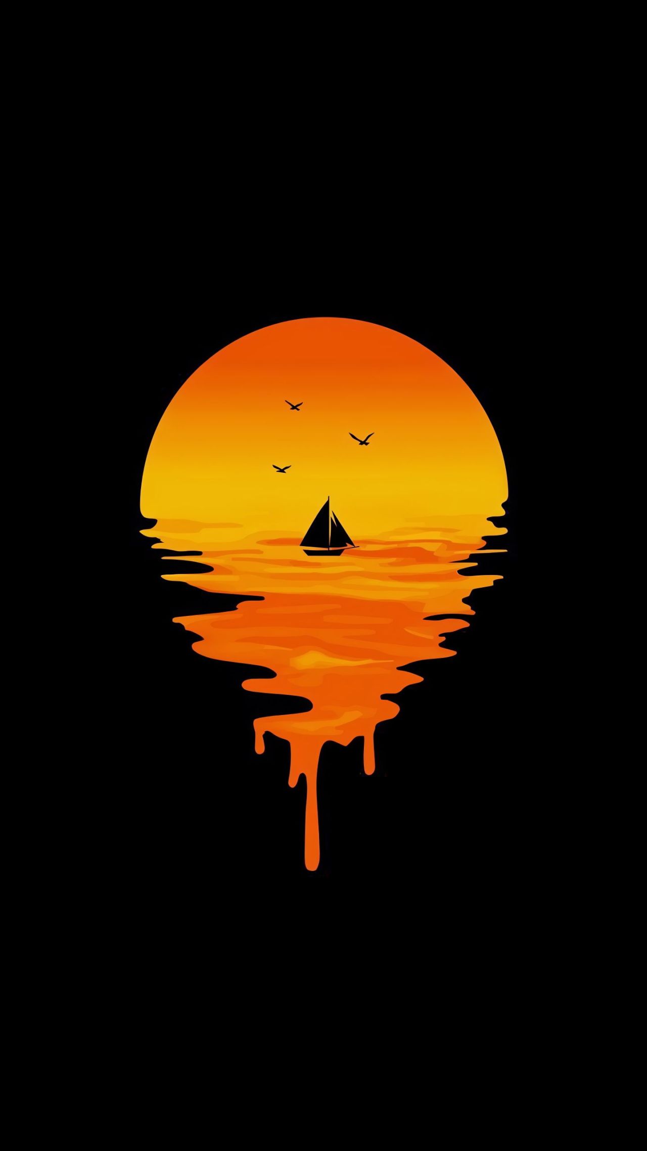 Minimalist sunset sailing boat illustration on black